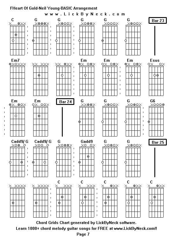 Chord Grids Chart of chord melody fingerstyle guitar song-FHeart Of Gold-Neil Young-BASIC Arrangement,generated by LickByNeck software.